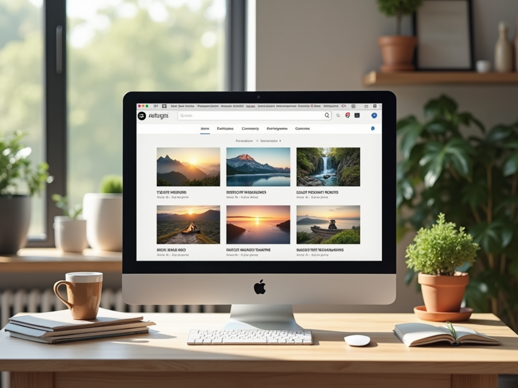 Computer screen displaying a website with landscape images in a sunny, plant-filled office.