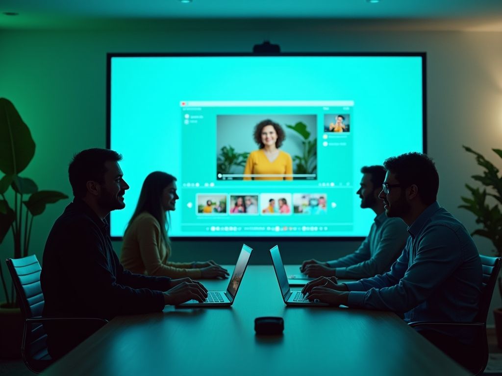 Business team attends a virtual meeting in a dark room with a large screen displaying multiple participants.