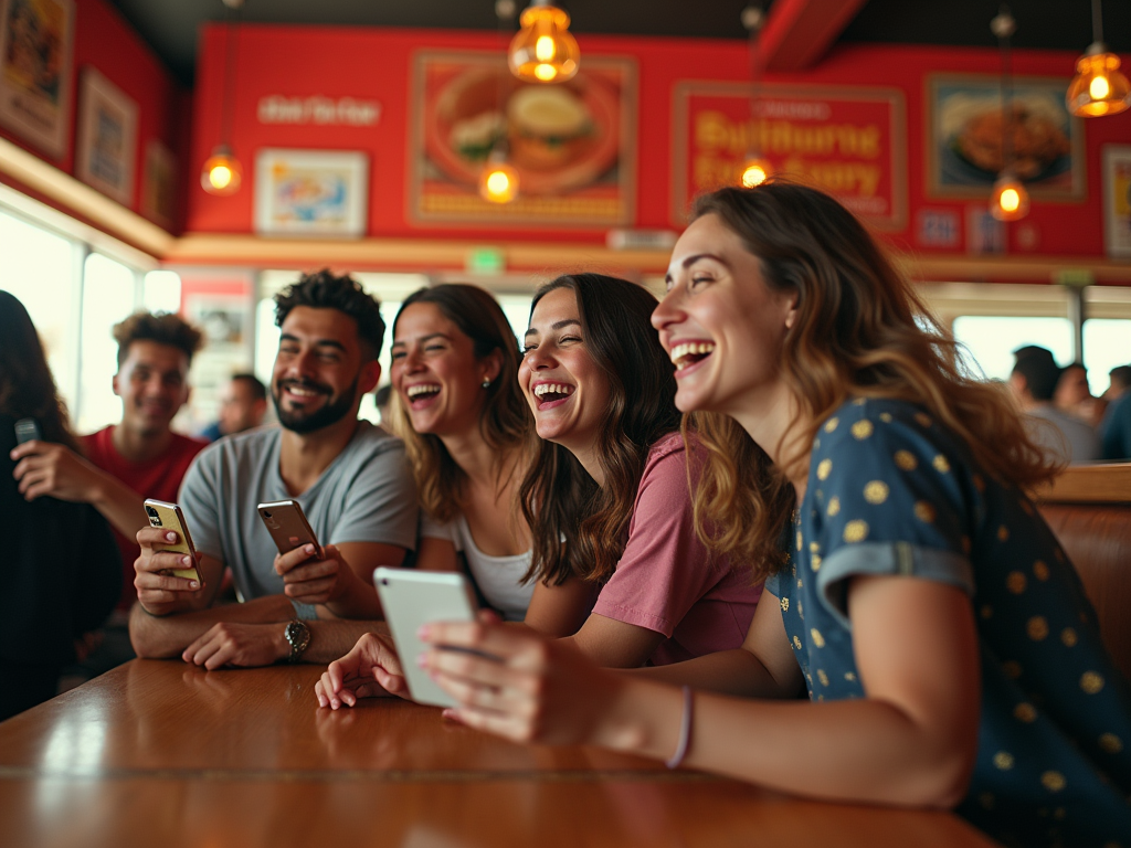 Four friends laughing and using smartphones at a diner table, bright red interior.