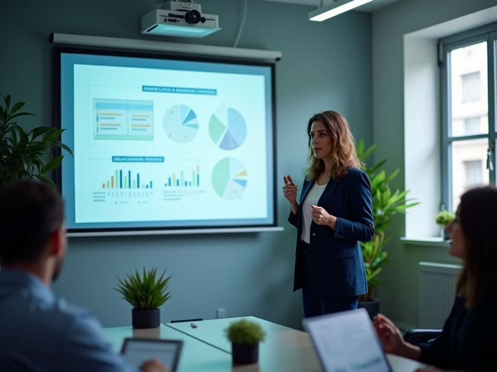 Woman presenting business graphs on a screen to colleagues in a meeting room.