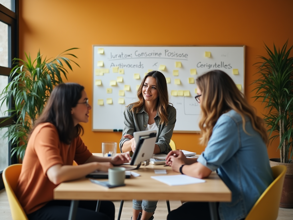 Three women discussing work with sticky notes and a whiteboard in a vibrant office.