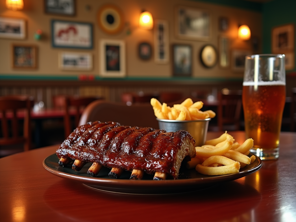 Barbecued ribs, fries, and a beer on a table in a cozy diner setting.