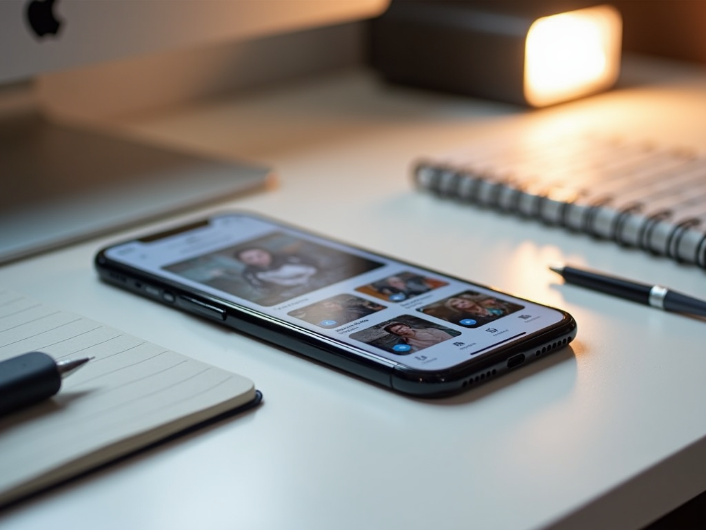 Smartphone displaying social media app on desk with lamp, notebook, and pen nearby.