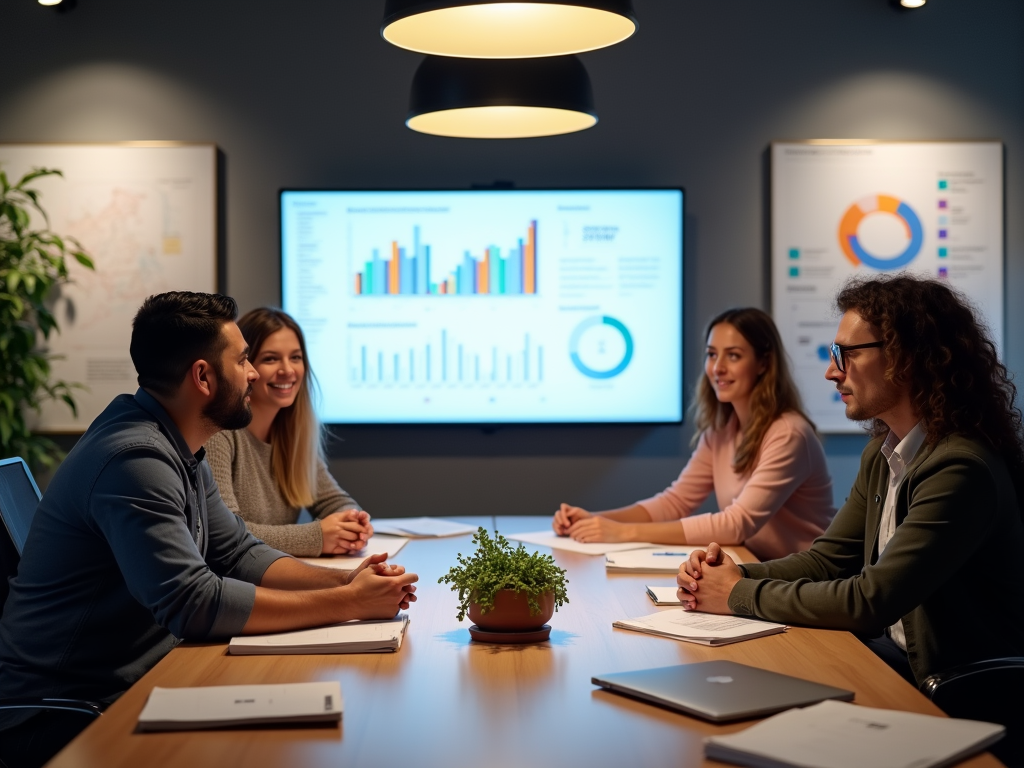 Four professionals discussing data charts projected on a screen in a modern office setting.