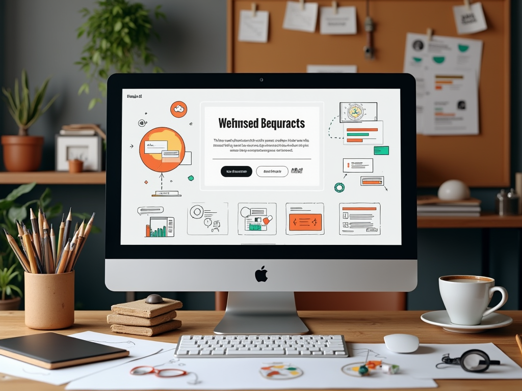 Computer screen displaying a creative project management interface, on a desk with stationary items.