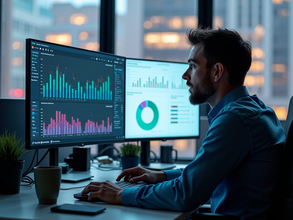 Man analyzes financial data on computer screens in a dimly lit office at night.