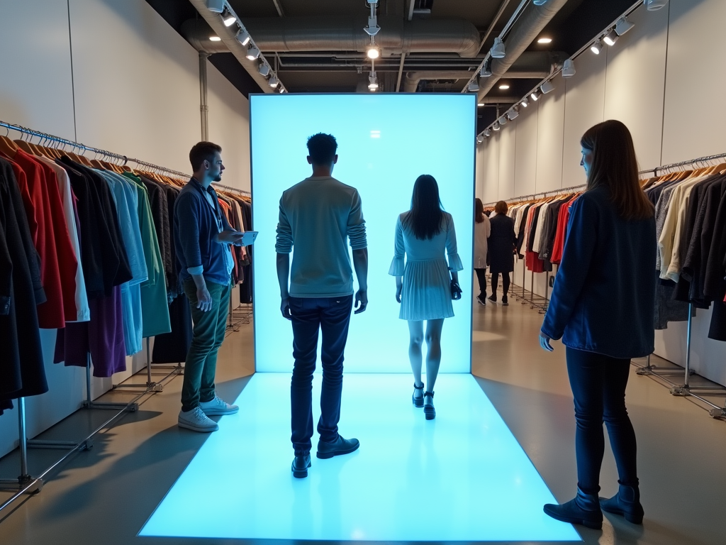 Four people viewing a large illuminated screen in a modern clothing store.