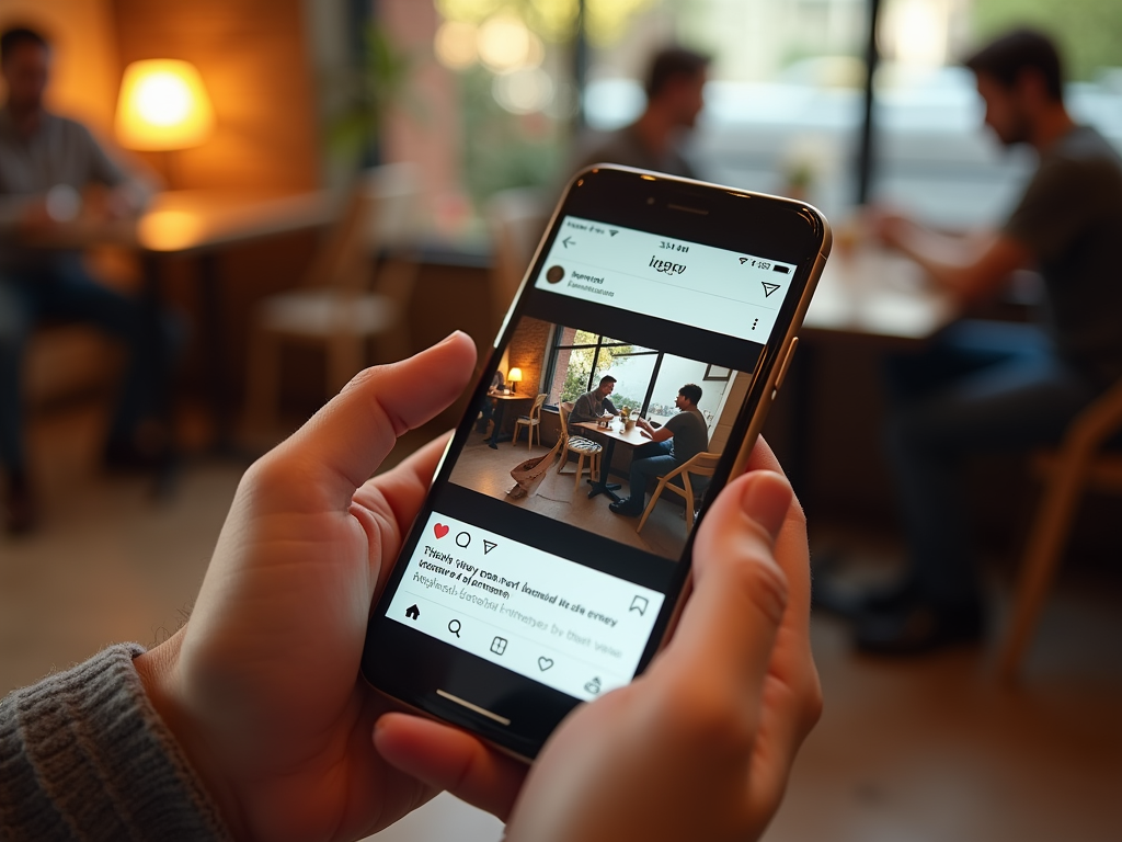 Person viewing a social media post on a phone depicting two men chatting in a cozy, well-lit cafe.