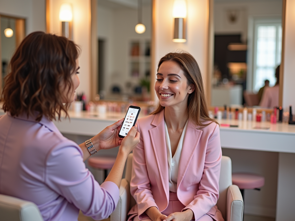 Two women in a beauty salon; one showing a phone to the other, who smiles happily.