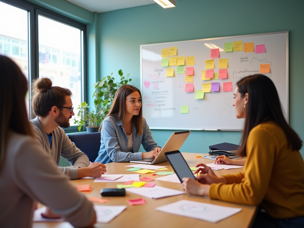 Four colleagues discussing project ideas in a modern office with a whiteboard full of notes.