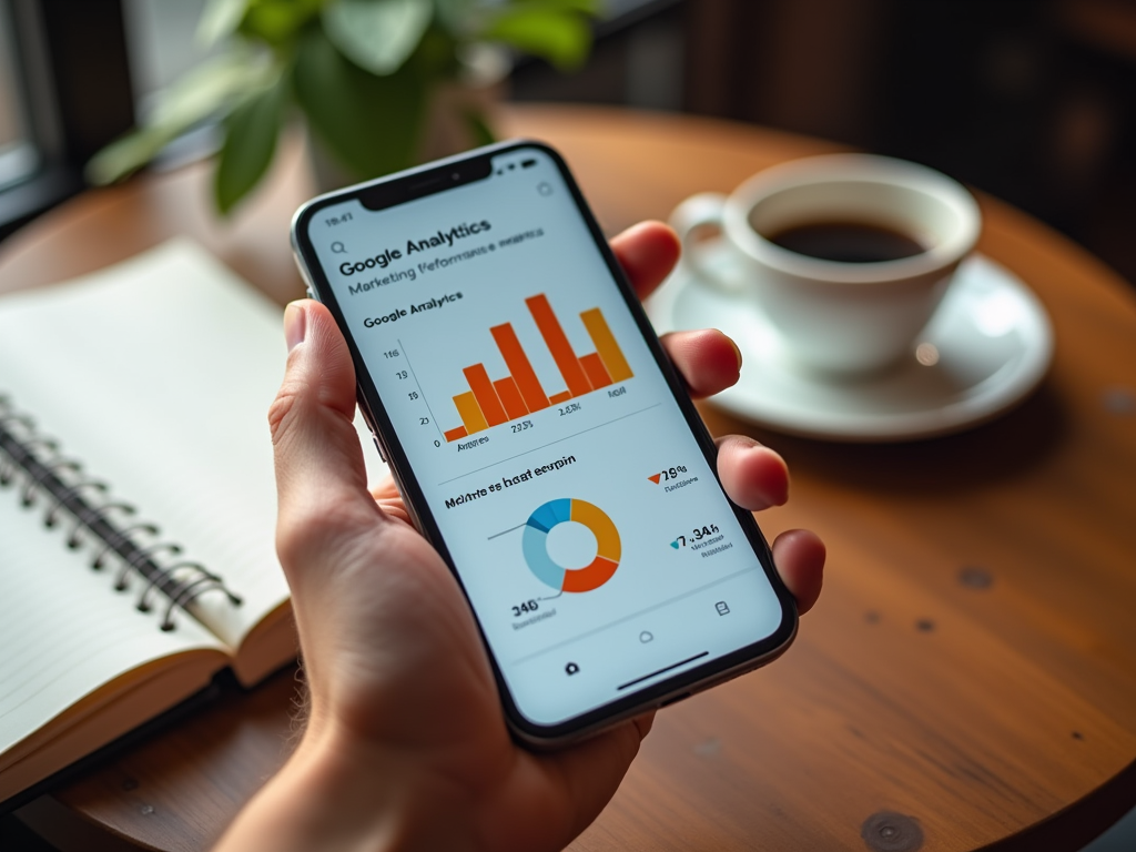 Hand holding a smartphone displaying Google Analytics charts, with a coffee cup and notebook in the background.