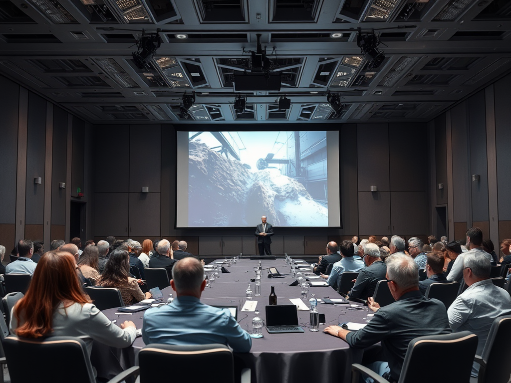 A business meeting in a conference room with an audience viewing a presentation on a large screen.
