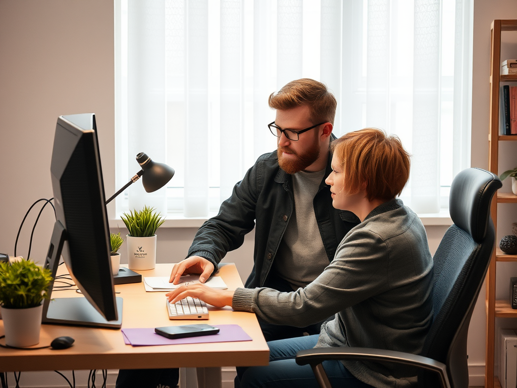 A man and a woman collaborate at a desk, focused on a computer, surrounded by plants and a bright workspace.