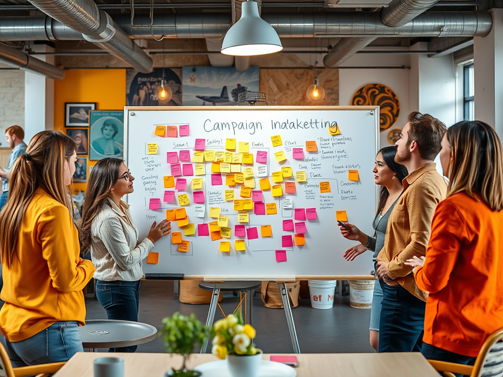 A diverse team collaborates around a whiteboard filled with colorful sticky notes for a marketing campaign.