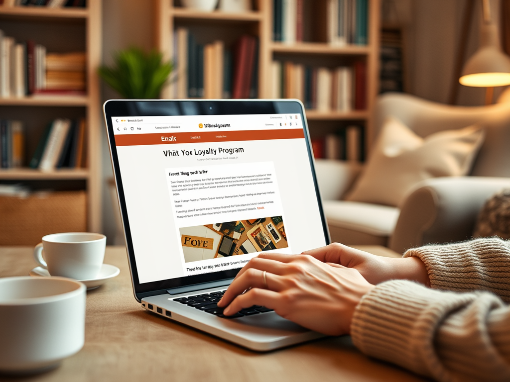 A person types on a laptop displaying a loyalty program email, with coffee cups nearby and a cozy room in the background.
