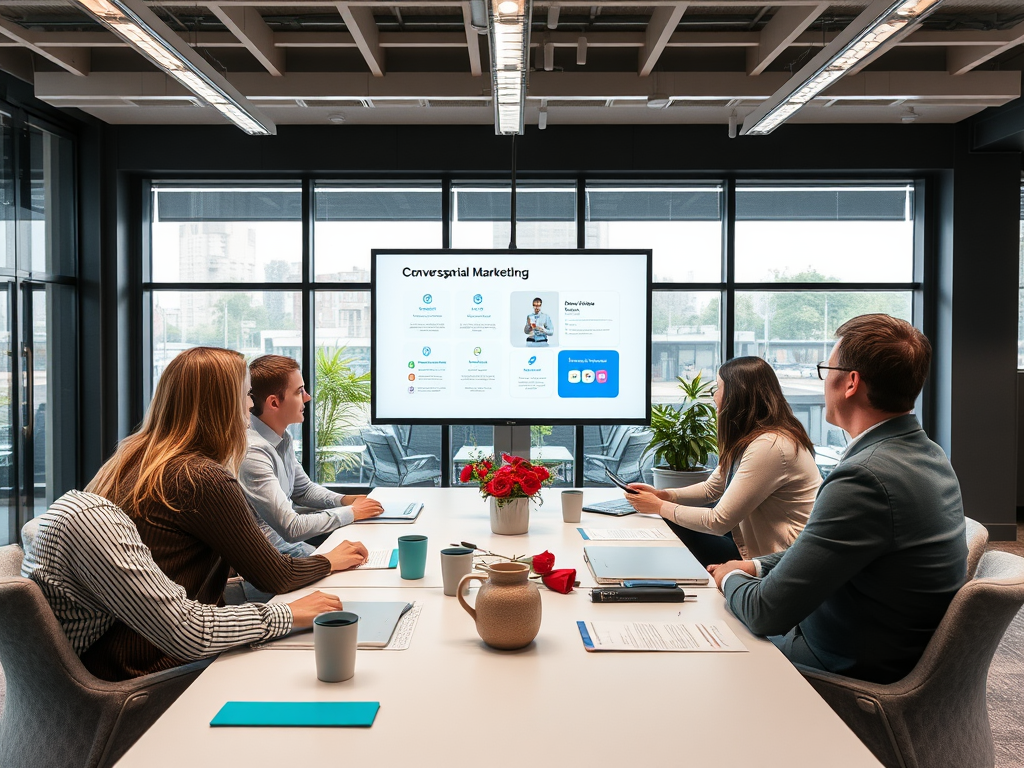 A business meeting in a modern conference room with a presentation on Conversational Marketing displayed on a screen.