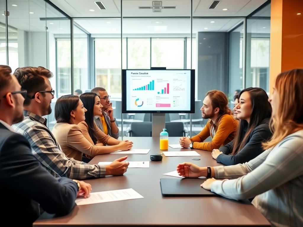 A group of professionals in a meeting room discussing data displayed on a screen, with charts and graphs.