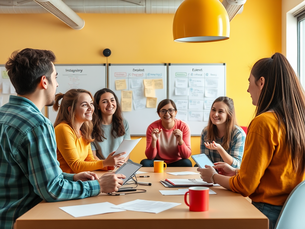 A diverse group of six people are discussing ideas at a table in a bright, modern workspace with sticky notes on the wall.
