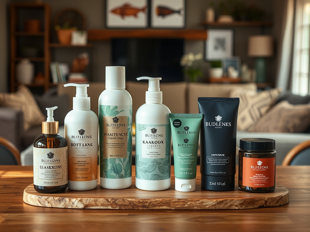A wooden tray displays various Budlienks products, including lotions and creams, in a cozy living room setting.