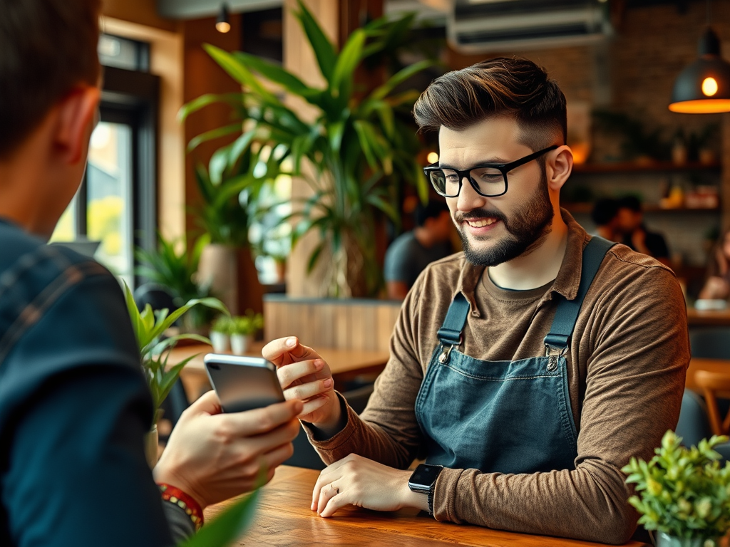 A smiling man in glasses sits at a table, holding a phone, while chatting with another person. Indoor café setting.
