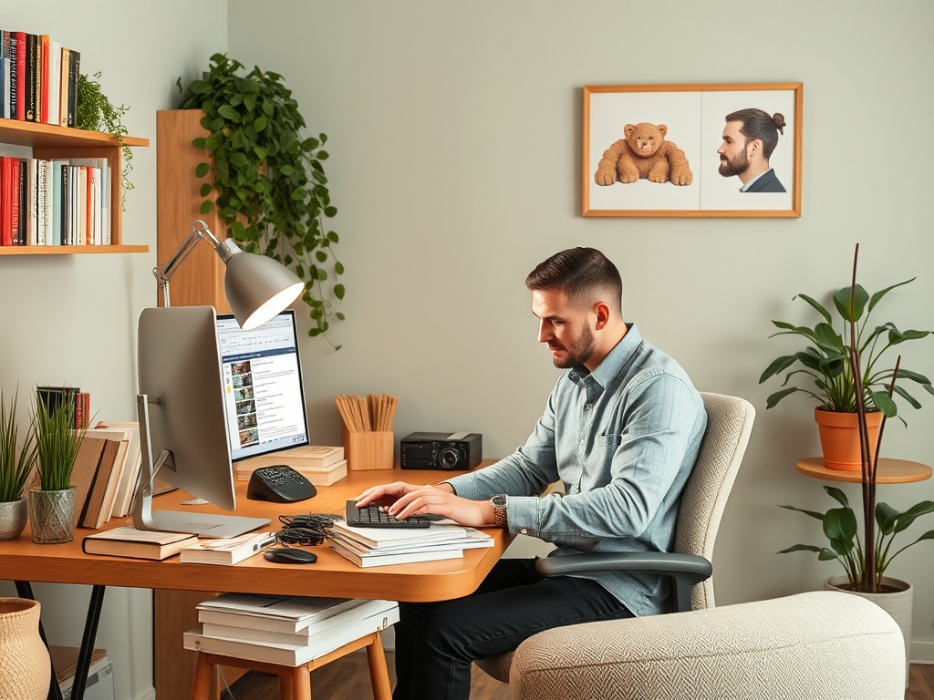 A man works at a desk with a computer, surrounded by books, plants, and a framed picture on the wall.