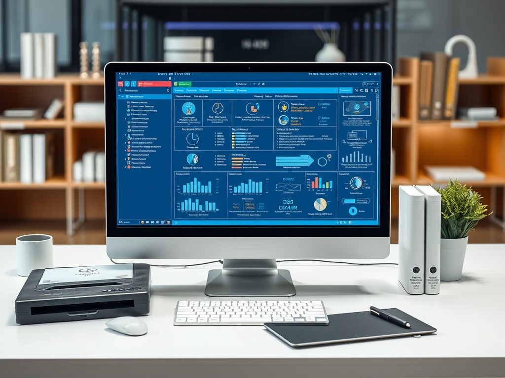 A modern workspace featuring a computer with data analytics dashboard, keyboard, mouse, and stationery on a desk.