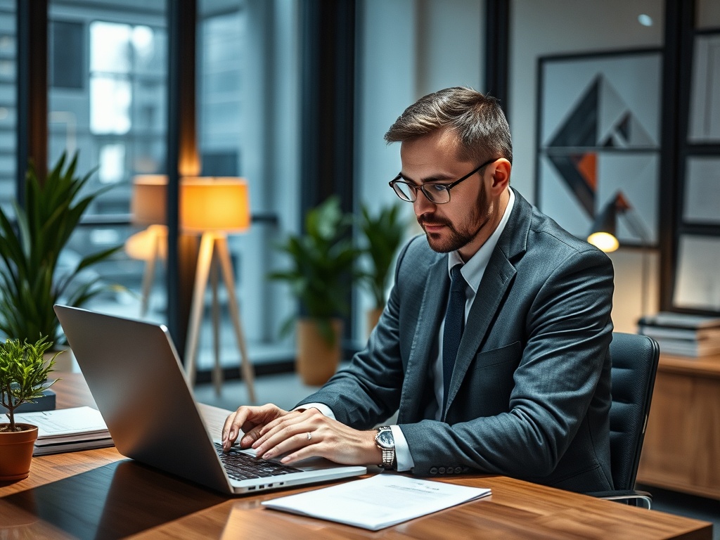 A man in a suit works intently at a laptop in a modern office with plants and stylish decor.