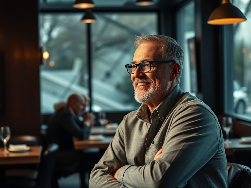 A smiling older man with glasses sits at a table in a restaurant, enjoying a moment while others dine in the background.