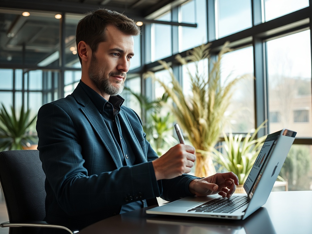 A man in a suit sits at a desk, working on a laptop with plants in the background and bright natural light.