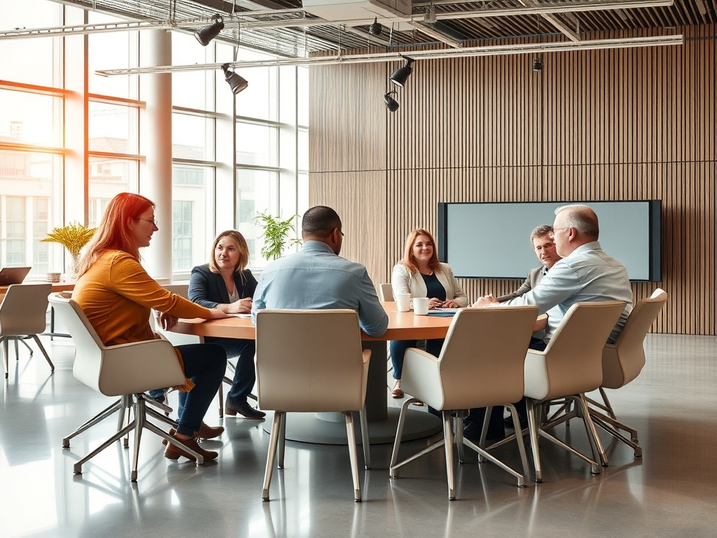 A diverse group of professionals engaged in a discussion around a circular table in a well-lit conference room.