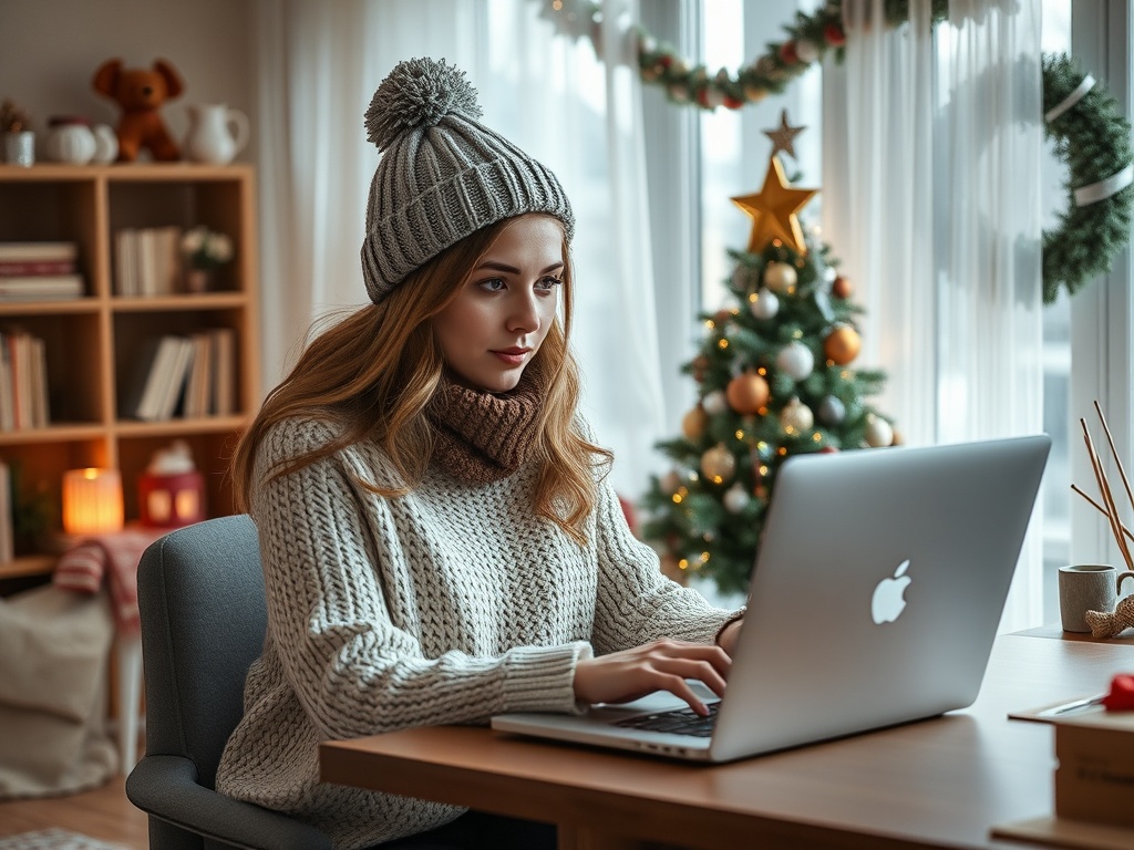 A woman in a cozy sweater and hat types on a laptop in a festive room with a Christmas tree and warm decorations.