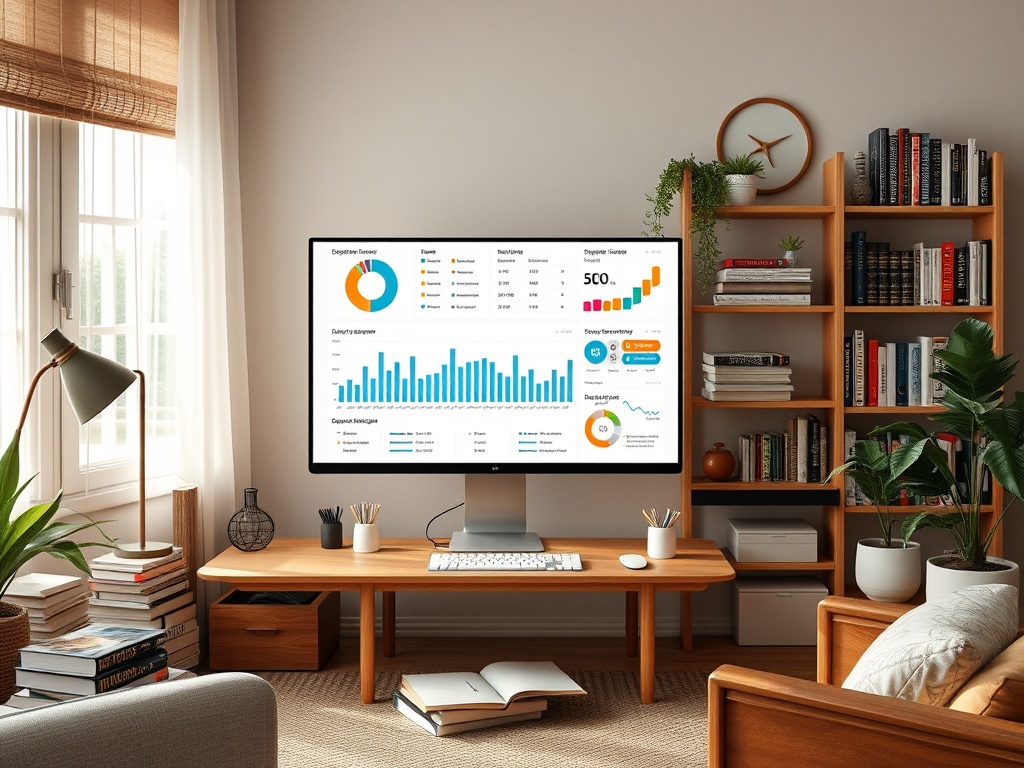 A modern workspace featuring a large screen displaying colorful data charts, a desk, and bookshelves filled with books.